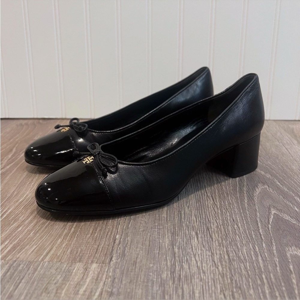 TORY BURCH Mixed Black Leather Cap-Toe Ballerina Block Pumps Size 7 - Picture 5 of 14